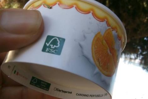 small FSC on product label on cup with extra FSC logo