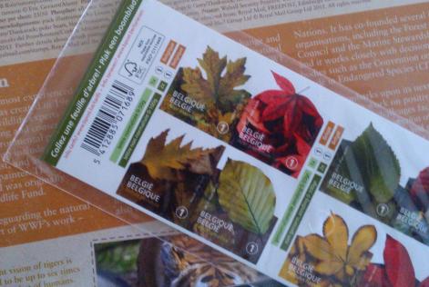 closeup FSC stamps tree leaves bpost