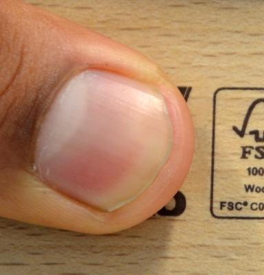 Small FSC label with finger pointing at it